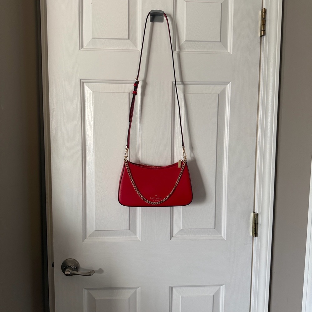 EUC - LIKE NEW - Kate Spade Red Convertible Bag with Gold Chain Detail - Picture 5 of 16